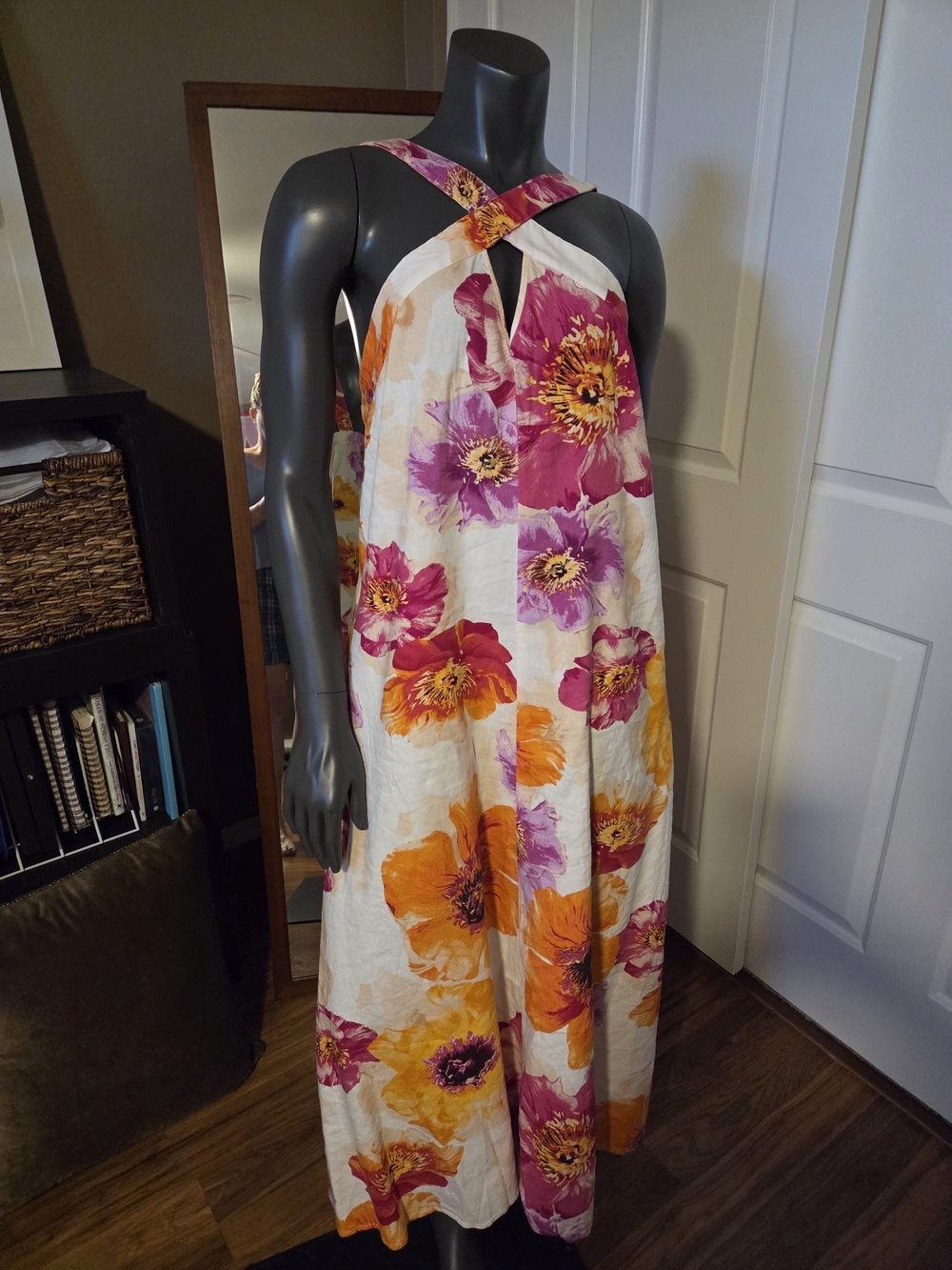 Women’s Floral Halter Dress - White with Pink & Orange Flowers
